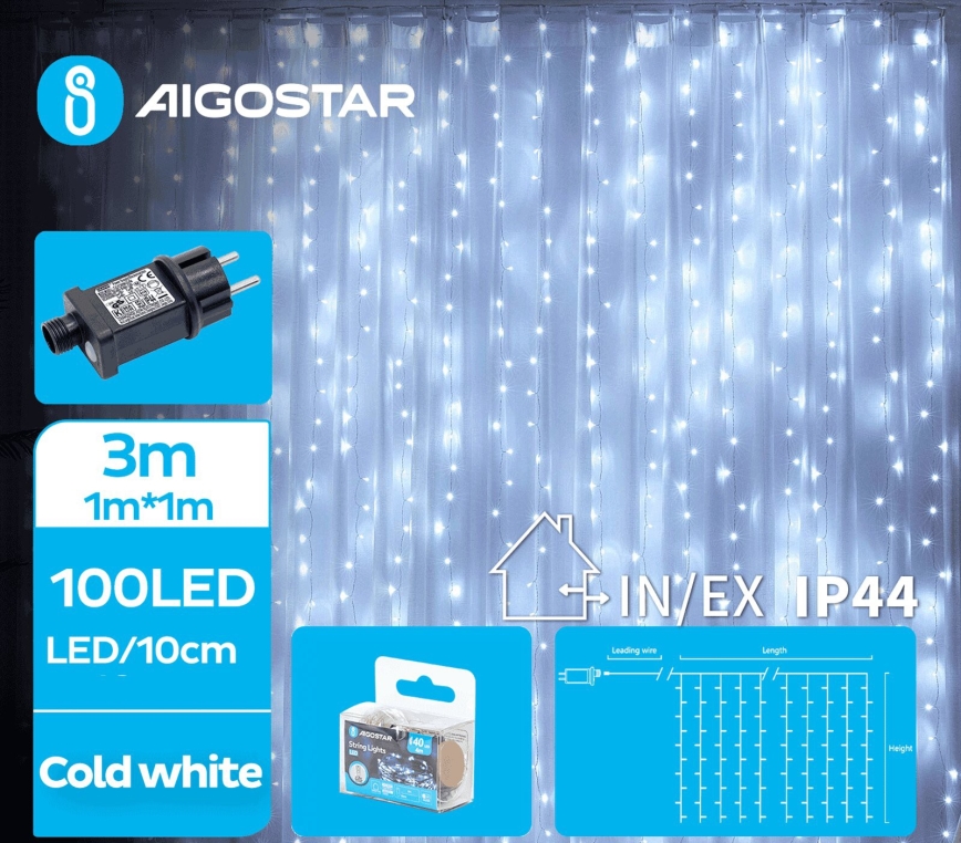 Aigostar - LED Lauko Kalėdinė girlianda 100xLED/8 funkcijos 4x1m IP44 šalta balta