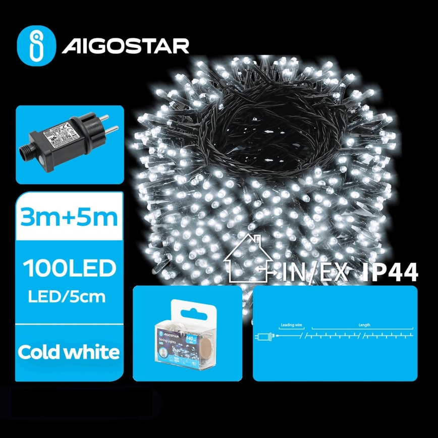 Aigostar - LED Lauko Kalėdinė girlianda 100xLED/8 funkcijos 8m IP44 šalta balta