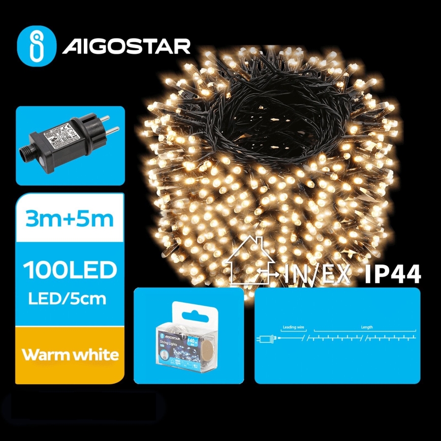 Aigostar - LED Lauko Kalėdinė girlianda 100xLED/8 funkcijos 8m IP44 šilta balta