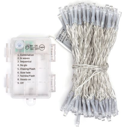 Aigostar - LED lauko kalėdinė girlianda 100xLED/8 funkcijų/3xAA 10,3m IP44 šaltai balta