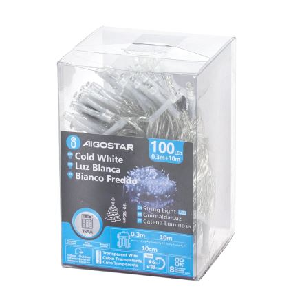 Aigostar - LED lauko kalėdinė girlianda 100xLED/8 funkcijų/3xAA 10,3m IP44 šaltai balta