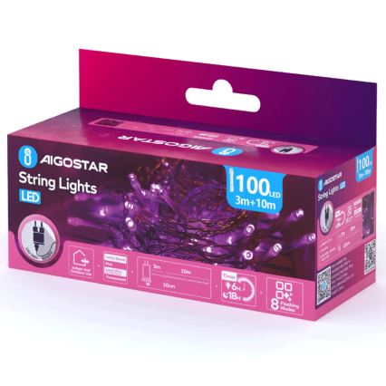 Aigostar - LED lauko kalėdinė girlianda 100xLED/8 funkcijų 13 m IP44 rožinė