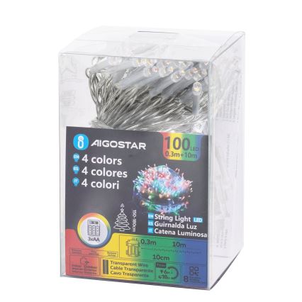 Aigostar - LED Lauko kalėdinė girlianda 100xLED/8 funkcijų 3xAA 10,3m IP44 daugiaspalvė