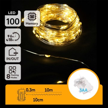 Aigostar -LED lauko kalėdinė girlianda 100xLED/8 funkcijų 3xAA 10,3m IP44 šiltai balta