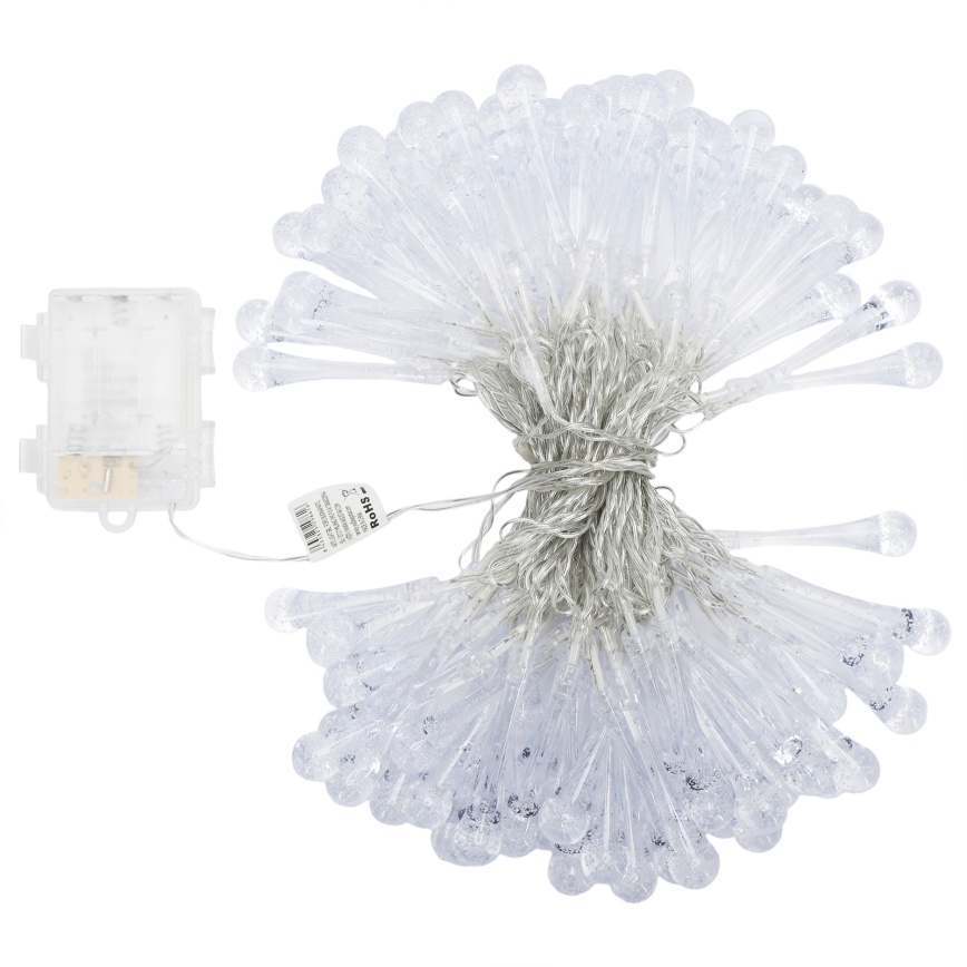 Aigostar - LED lauko kalėdinė girlianda 100xLED/8 funkcijų 3xAA 10m IP44 šaltai balta lašo formos