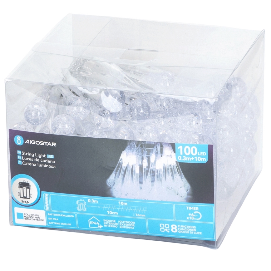 Aigostar - LED lauko kalėdinė girlianda 100xLED/8 funkcijų 3xAA 10m IP44 šaltai balta lašo formos