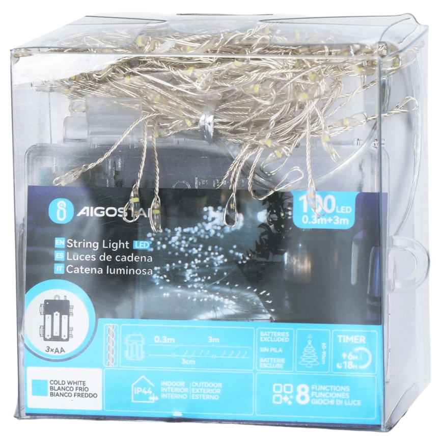 Aigostar - LED Lauko kalėdinė girlianda 100xLED/8 funkcijų 3xAA 3,3m IP44 šaltai balta