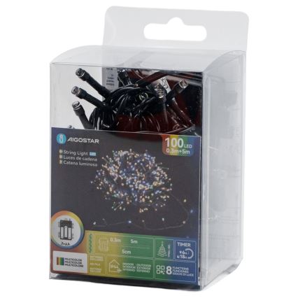 Aigostar - LED lauko kalėdinė girlianda 100xLED/8 funkcijų 3xAA 5,3 m IP44 daugiaspalvė