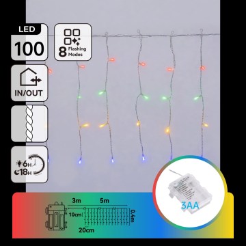 Aigostar-LED Lauko kalėdinė girlianda 100xLED/8 funkcijų 3xAA 8x0,4m IP44 įvairiaspalvė