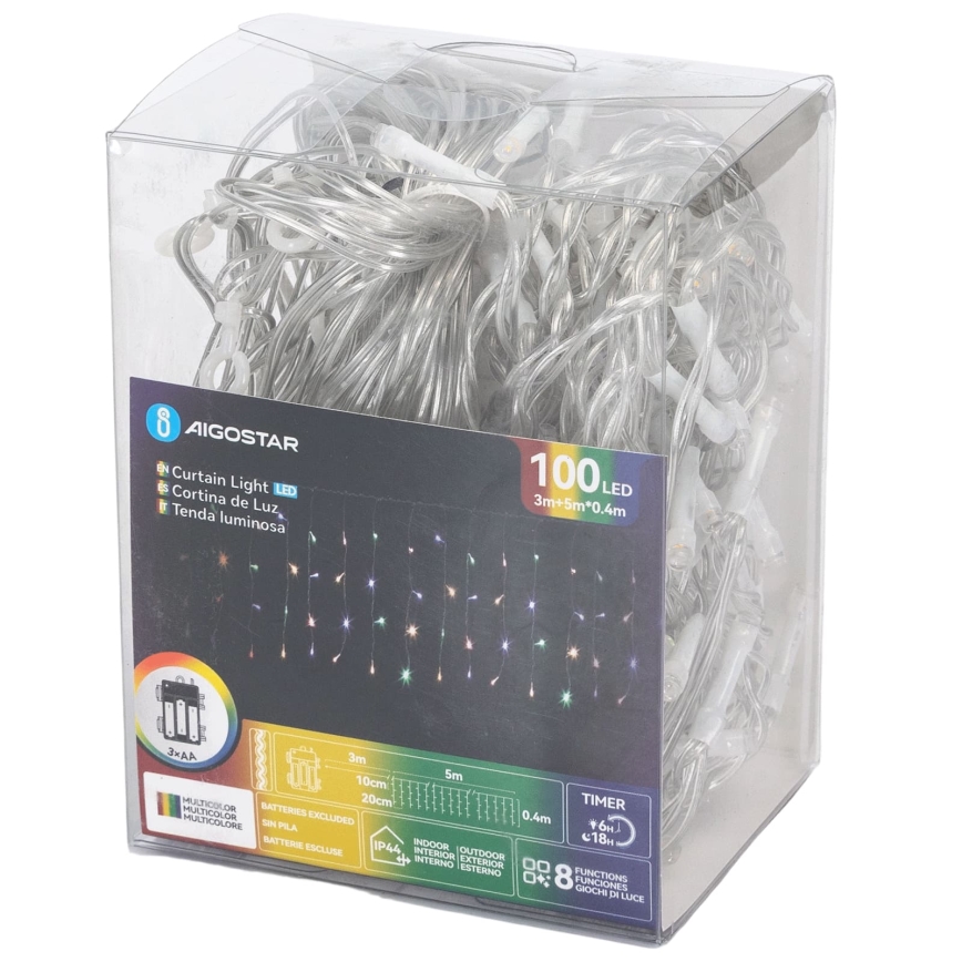 Aigostar-LED Lauko kalėdinė girlianda 100xLED/8 funkcijų 3xAA 8x0,4m IP44 įvairiaspalvė