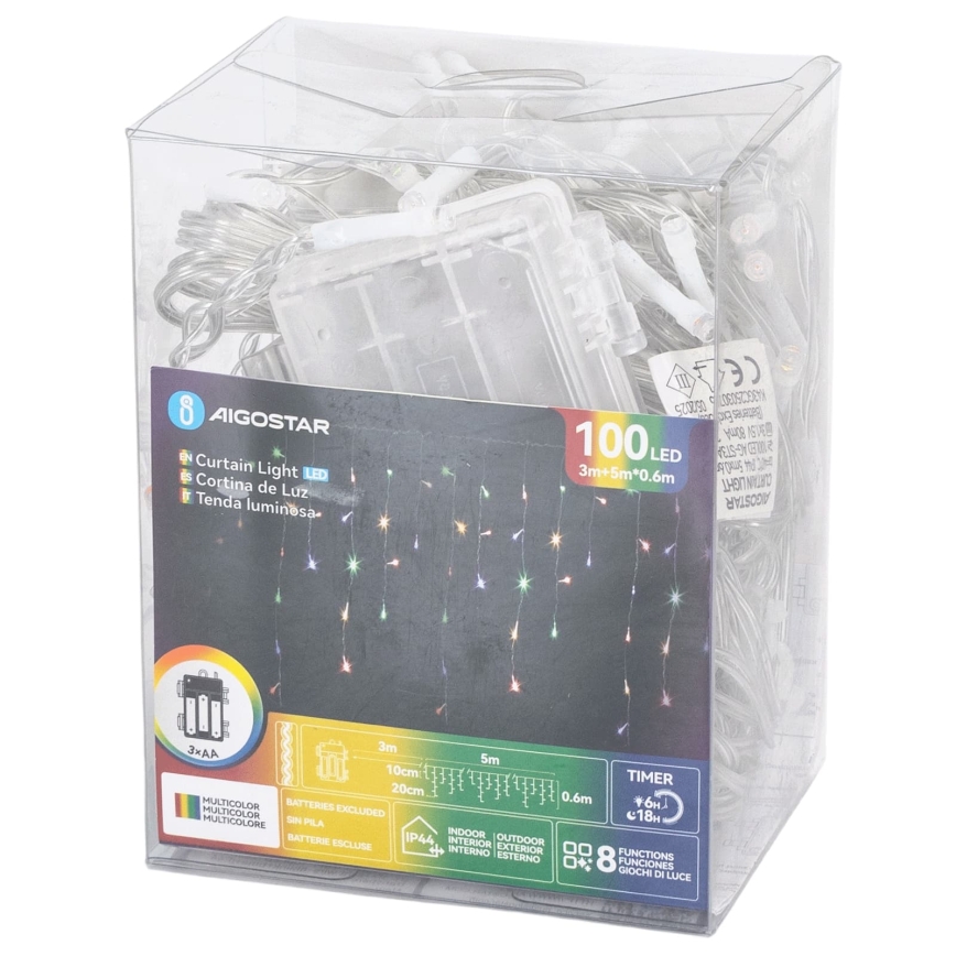 Aigostar - LED lauko kalėdinė girlianda 100xLED/8 funkcijų 3xAA 8x06m IP44 daugiaspalvė