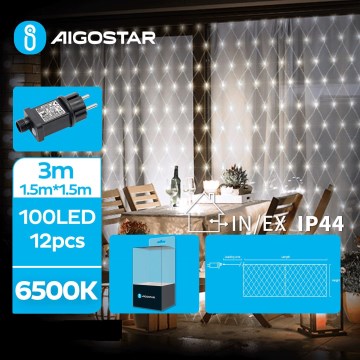 Aigostar- LED lauko kalėdinė girlianda 100xLED/8 funkcijų 4,5x1,5m IP44 šaltai balta