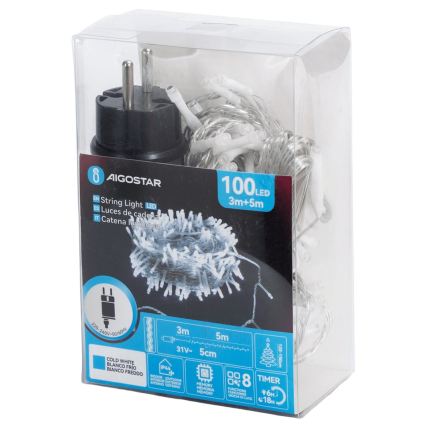 Aigostar - LED lauko kalėdinė girlianda 100xLED/8 funkcijų 5,3m IP44 šaltai balta