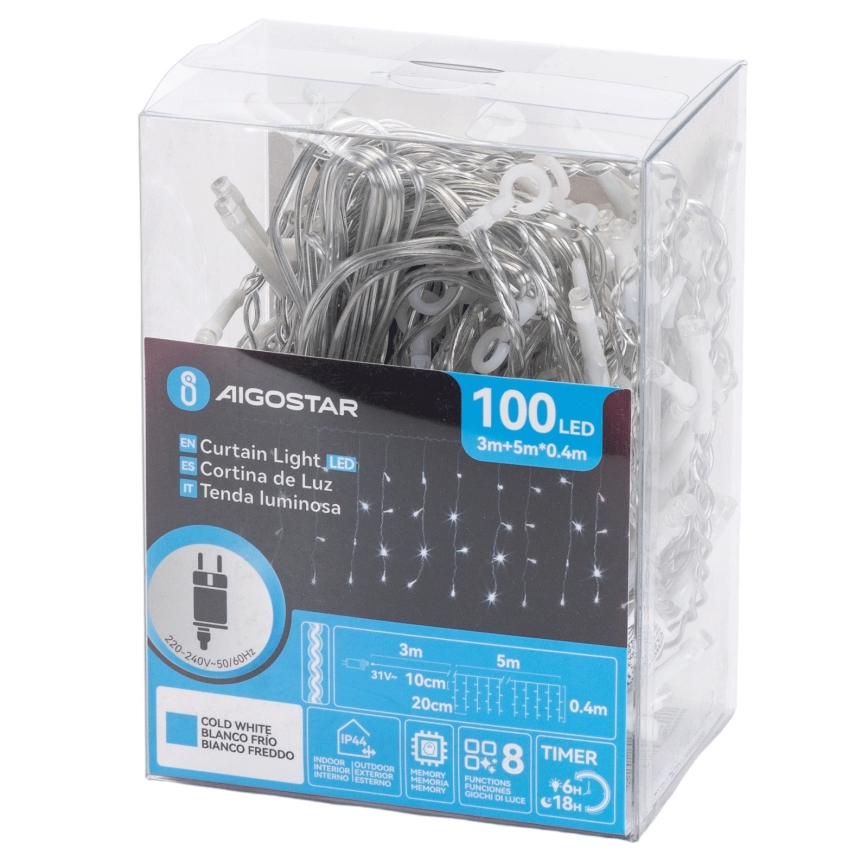 Aigostar - LED Lauko kalėdinė girlianda 100xLED/8 funkcijų 5x0,4m IP44 šaltai balta