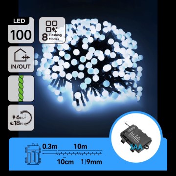 Aigostar - LED lauko kalėdinė girlianda 100xLED/8 režimai 3xAA 10,3m IP44 šaltai balta