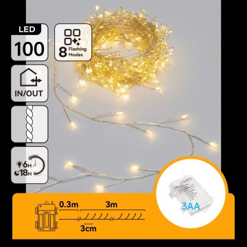 Aigostar - LED lauko kalėdinė girlianda 100xLED/8 režimai 3xAA 3,3m IP44 šiltai balta