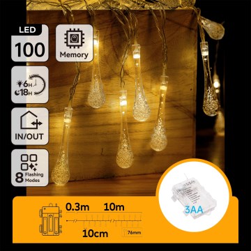 Aigostar - LED lauko kalėdinė girlianda 100xLED/8 režimų 3xAA 10 m IP44 šiltai balta lašeliai