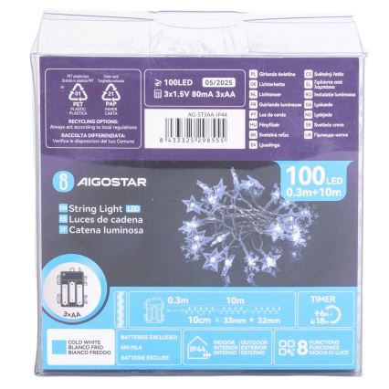 Aigostar - lauko kalėdinė LED girlianda 100xLED/8 funkcijos 3xAA 10 m IP44 šaltai balta