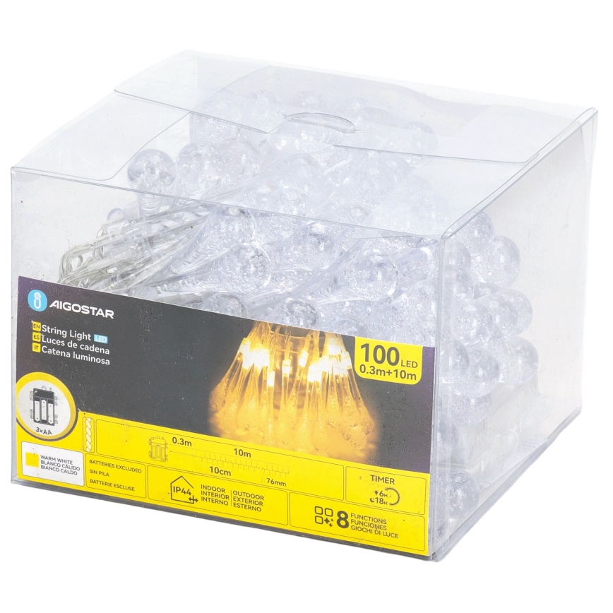 Aigostar - LED lauko kalėdinė girlianda 100xLED/8 režimų 3xAA 10 m IP44 šiltai balta lašeliai