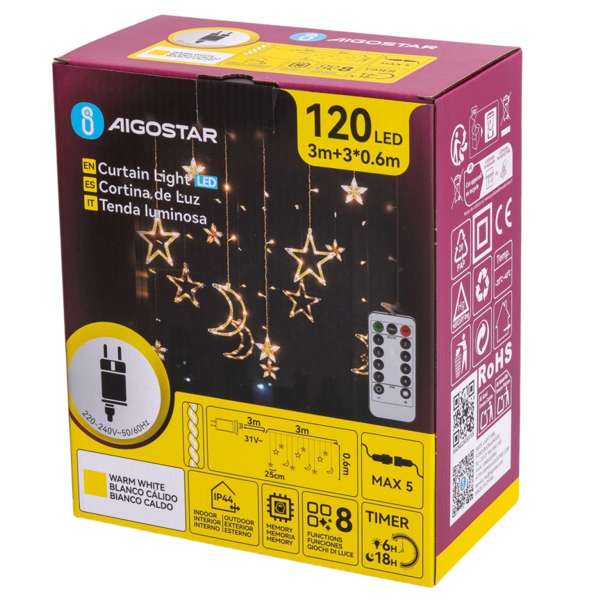 Aigostar - LED Lauko kalėdinė girlianda 120xLED/6W/230V/8 funkcijos 3x0,6m IP44 šilta balta + nuotolinis valdymas