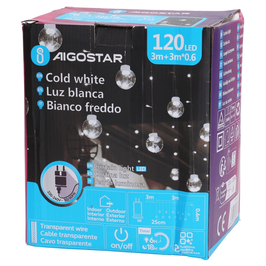Aigostar - LED lauko kalėdinė girlianda 120xLED/8 funkcijos 3x0,6m IP44 šaltai balta + nuotolinis valdymas