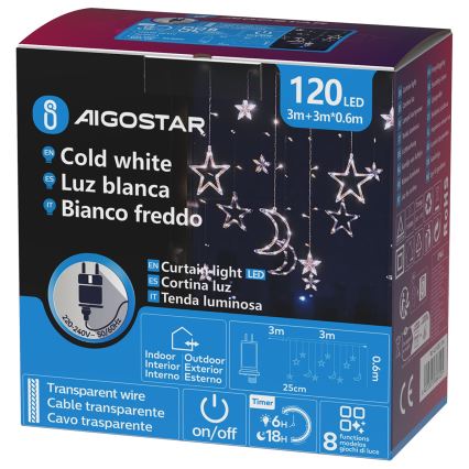 Aigostar - LED lauko kalėdinė girlianda 120xLED/6W/230V/8 funkcijų 3x0,6m IP44 šaltai balta + nuotolinis valdymas