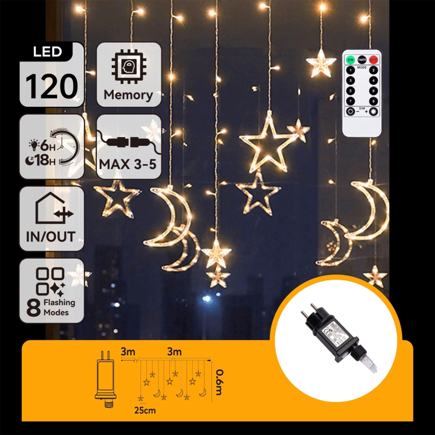 Aigostar - LED Lauko kalėdinė girlianda 120xLED/6W/230V/8 funkcijų 3x0,6m IP44 šilta balta + nuotolinis valdymas