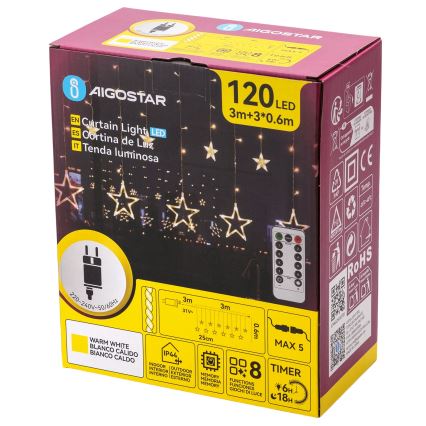 Aigostar - LED lauko girlianda 120xLED/8 funkcijų 3x0,6 m IP44 šiltai balta + nuotolinis valdymas