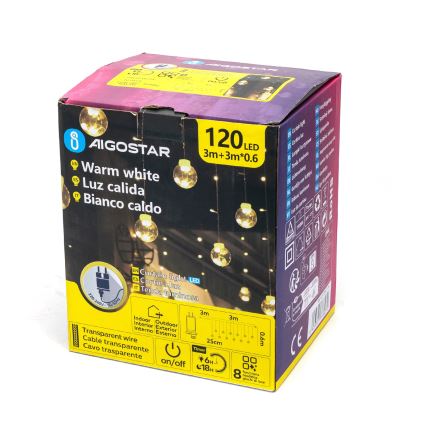 Aigostar - LED lauko girlianda 120xLED/8 funkcijų 3x0,6m IP44 šiltai balta + nuotolinio valdymo pultelis