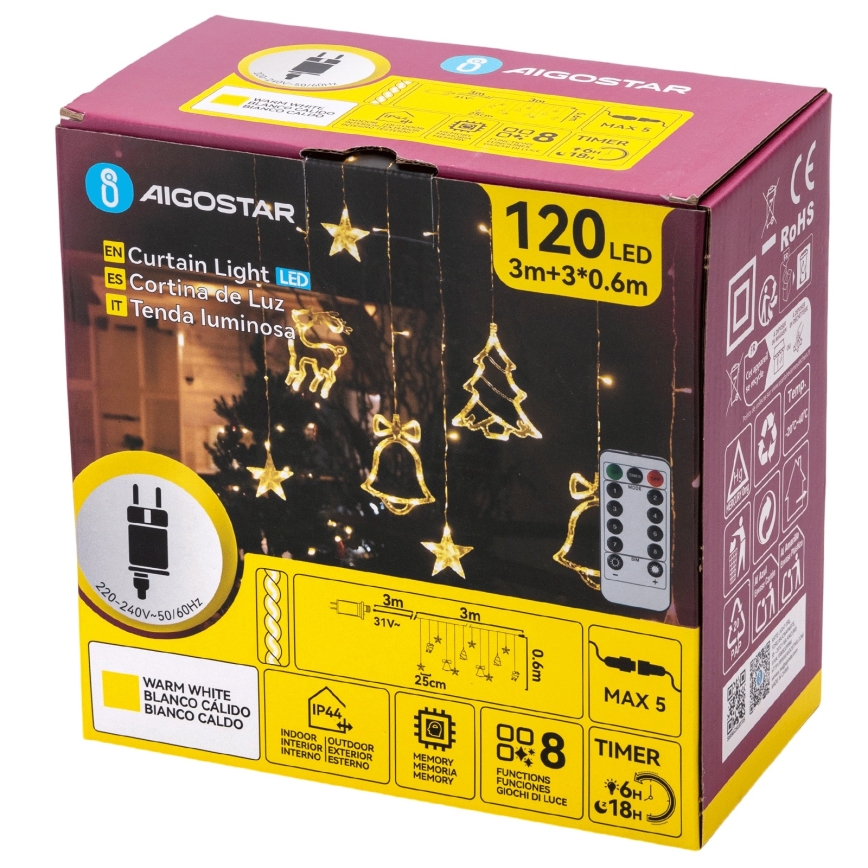 Aigostar - LED lauko kalėdinė girlianda 120xLED/8 funkcijų 3x0,6m IP44 šiltai balta + nuotolinis valdymas