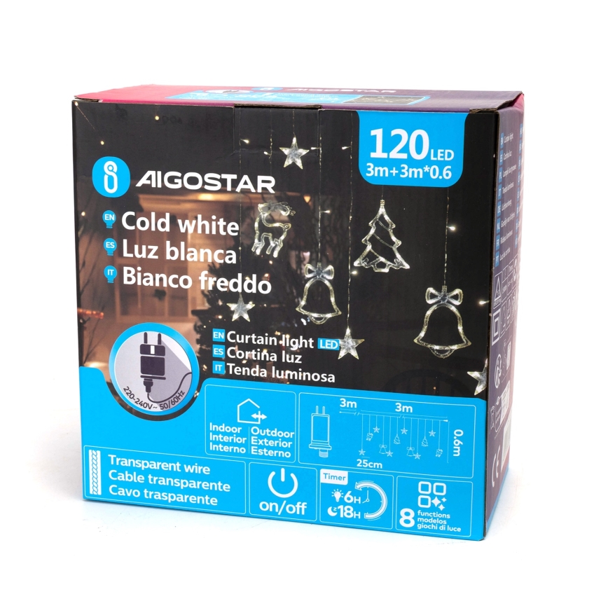 Aigostar - LED lauko kalėdinė girlianda 120xLED/8 režimai 3x0,6m IP44 šaltai balta + nuotolinis pultas