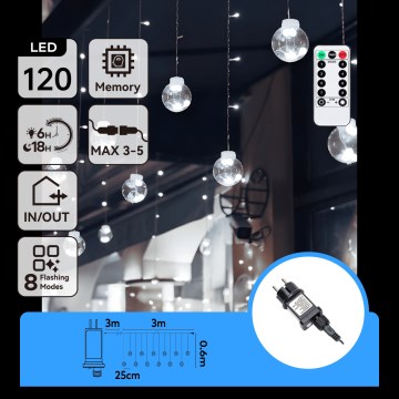 Aigostar - LED lauko kalėdinė girlianda 120xLED/8 funkcijos 3x0,6m IP44 šaltai balta + nuotolinis valdymas