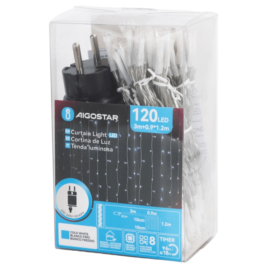 Aigostar - LED lauko kalėdinė girlianda 120xLED/8 funkcijos 3,9x1,2m IP44 šaltai balta