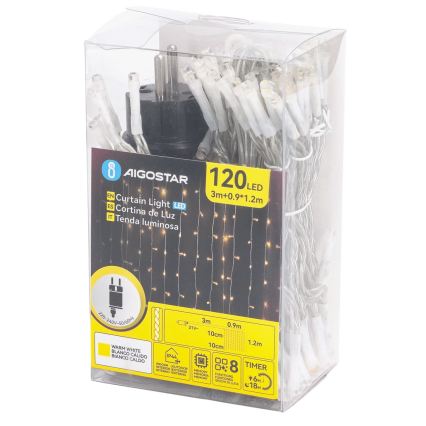 Aigostar - LED lauko kalėdinė girlianda 120xLED/8 funkcijų 3,9x1,2m IP44 šiltai balta