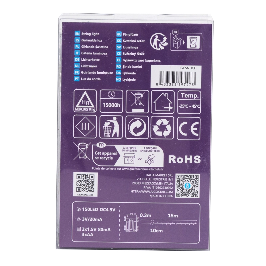 Aigostar - LED Lauko Kalėdinė girlianda 150xLED/8 funkcijos 3xAA 15,3 m IP44 daugių spalvų