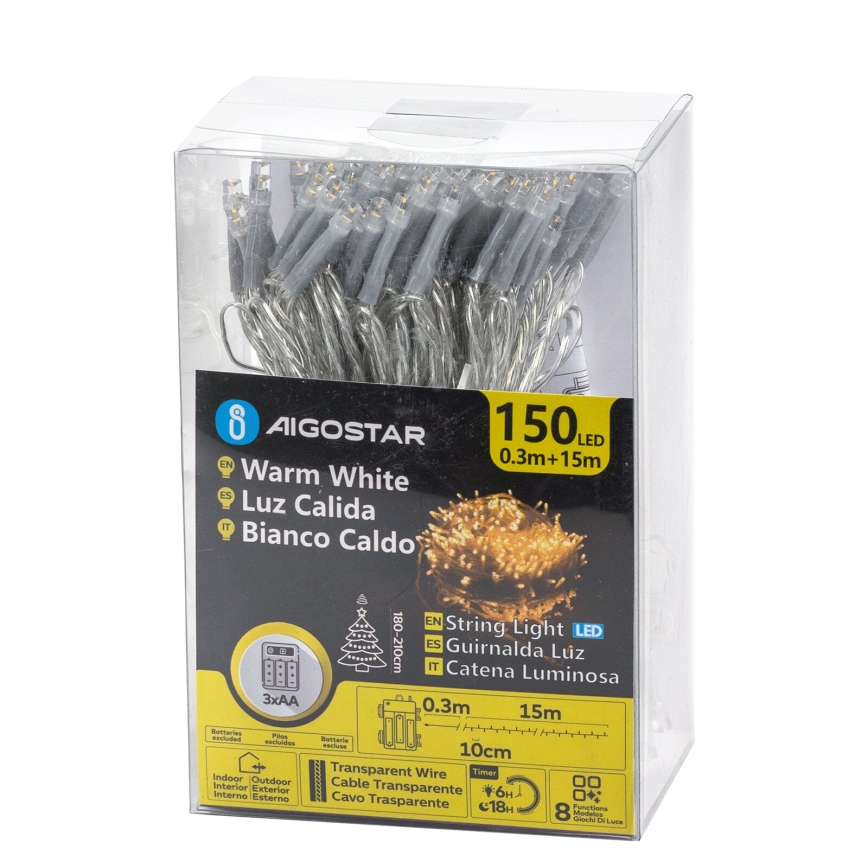 Aigostar - LED Lauko Kalėdinė girlianda 150xLED/8 funkcijos 3xAA 15,3 m IP44 šiltai balta
