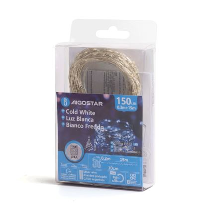 Aigostar - LED lauko kalėdinė girlianda 150xLED/8 funkcijų/3xAA 15,3 m IP44 šaltai balta