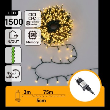 Aigostar - LED lauko kalėdinė girlianda 1500xLED/8 funkcijų 78m IP44 šilta balta