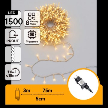 Aigostar - LED lauko kalėdinė girlianda 1500xLED/8 funkcijų 78m IP44 šiltai balta