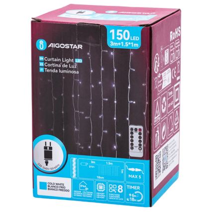 Aigostar - LED lauko girlianda 150xLED/6W/230V/8 režimai 1,5x1m IP44 šaltai balta + nuotolinis valdymas