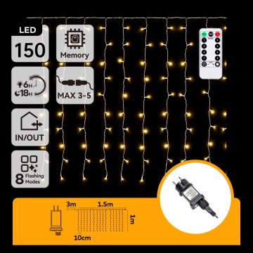 Aigostar - LED lauko kalėdinė girlianda 150xLED/6W/230V/8 funkcijų 1,5x1m IP44 šilta balta + nuotolinis valdymas