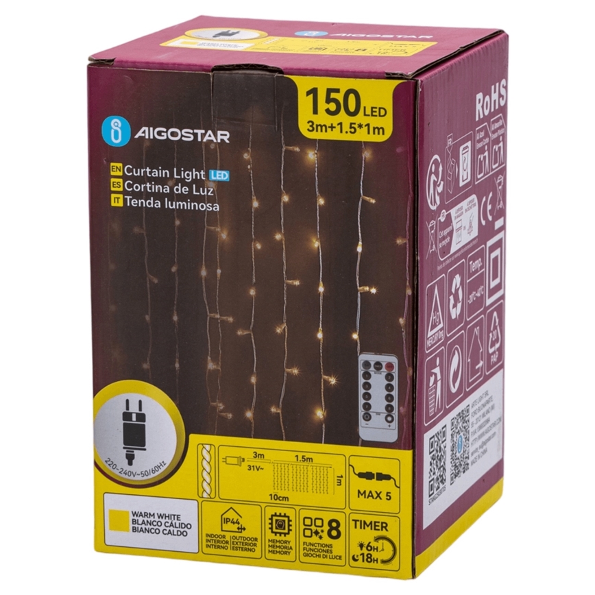 Aigostar - LED lauko kalėdinė girlianda 150xLED/6W/230V/8 funkcijų 1,5x1m IP44 šilta balta + nuotolinis valdymas