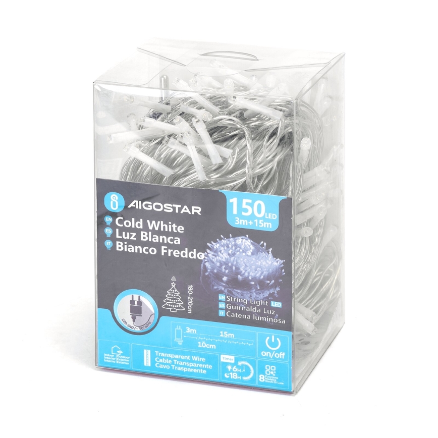 Aigostar - LED Lauko Kalėdinė girlianda 150xLED/8 funkcijos 18m IP44 šalta balta