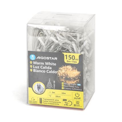 Aigostar - LED lauko kalėdinė girlianda 150xLED/8 funkcijos 18m IP44 šiltai balta