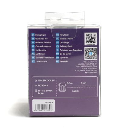 Aigostar -LED Lauko Kalėdinė girlianda 150xLED/8 funkcijos 3xAA 15,3m IP44 šilta balta