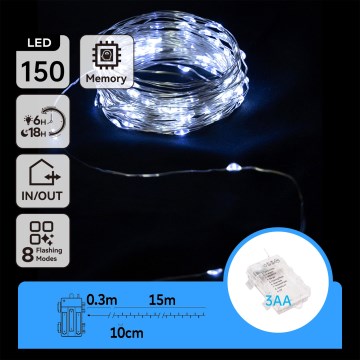 Aigostar - LED lauko kalėdinė girlianda 150xLED/8 funkcijų/3xAA 15,3 m IP44 šaltai balta