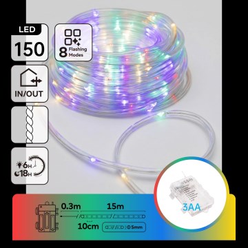 Aigostar - LED Lauko kalėdinė girlianda 150xLED/8 funkcijų 3xAA 15,3m IP44 daugiaspalvė