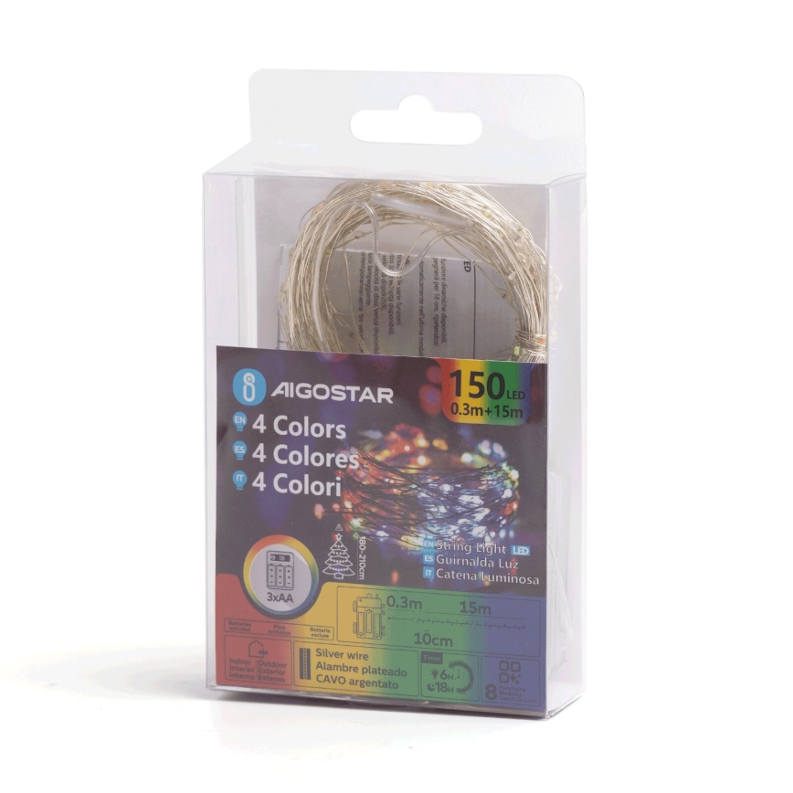 Aigostar - LED lauko kalėdinė girlianda 150xLED/8 funkcijų/3xAA 15,3m IP44 daugiaspalvė