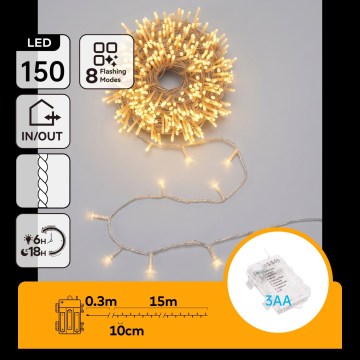Aigostar - LED Lauko kalėdinė girlianda 150xLED/8 funkcijų 3xAA 15,3m IP44 šilta balta