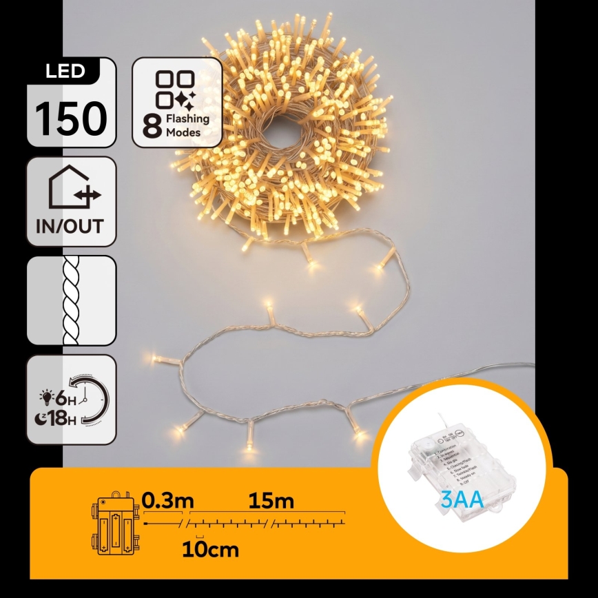 Aigostar - LED Lauko kalėdinė girlianda 150xLED/8 funkcijų 3xAA 15,3m IP44 šilta balta